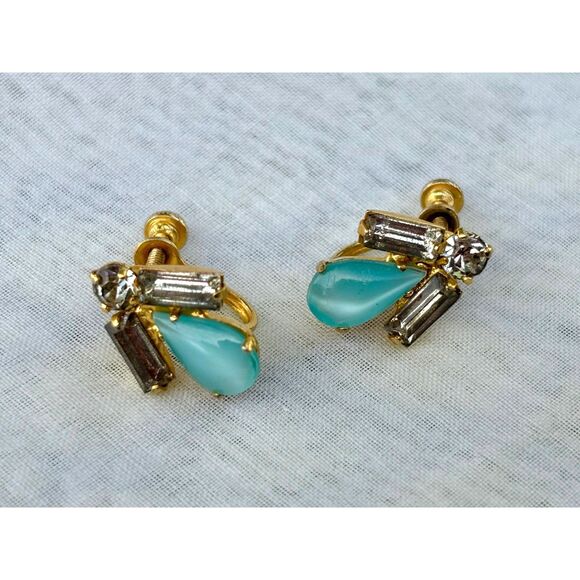 LOT of Three Pairs Vintage Earrings Cat's Eye Rhinestone 1950s Jewelry - Picture 4 of 5